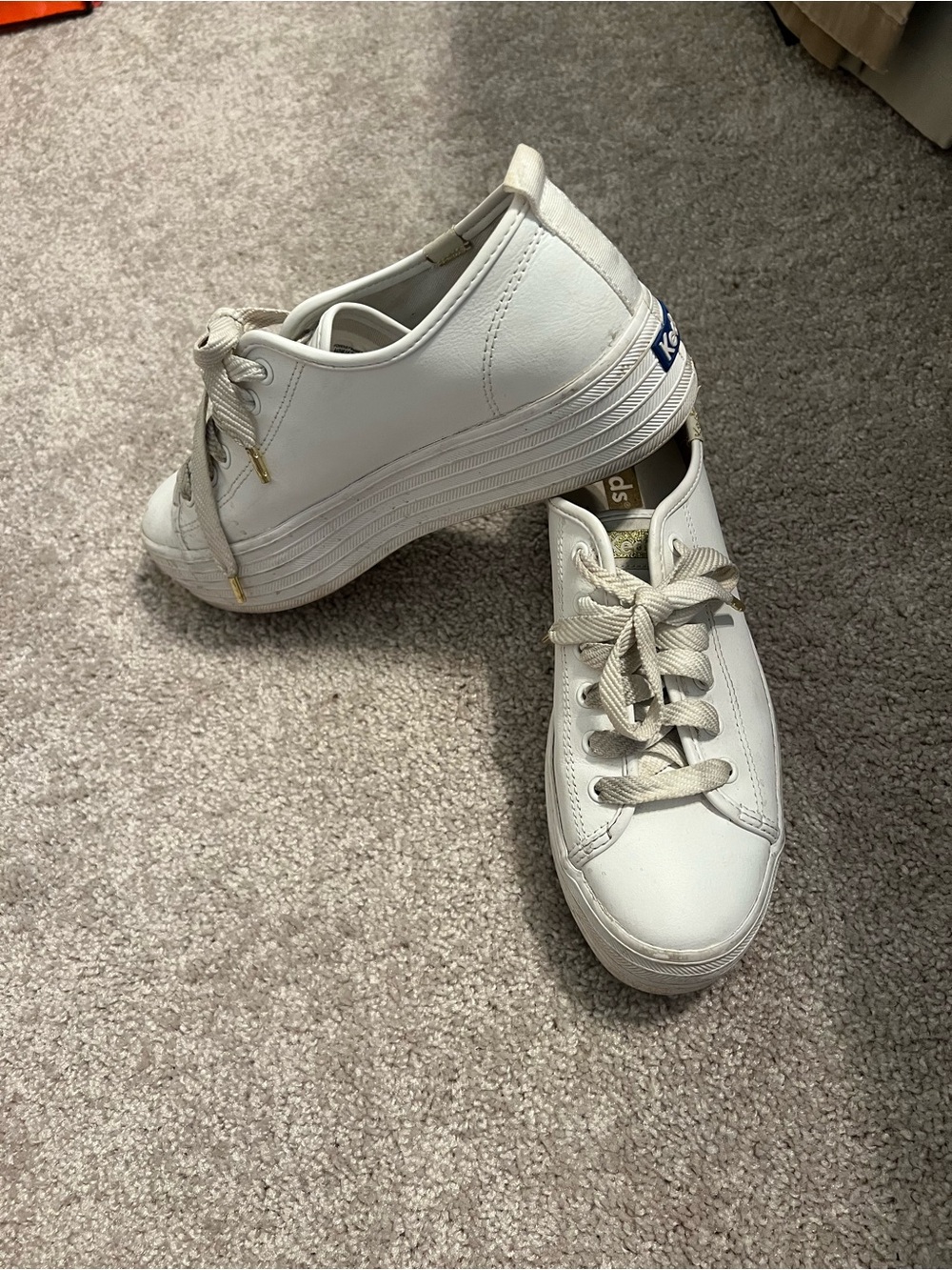Keds White Leather Platform Lace-Up Sneakers with Gold Accents